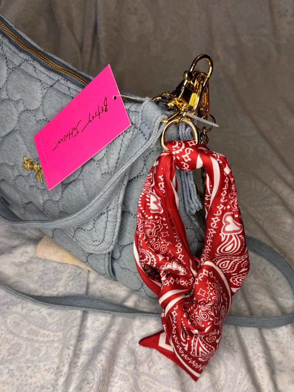 Betsey Johnson Light Blue Soft Denim Quilted Heart Crossbody & Red Bandana Clip